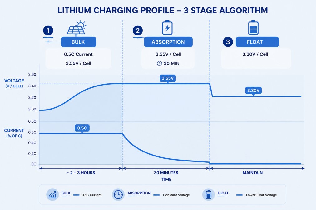 Diagram showing three-stage lithium charging algorithm: Bulk charging phase at 0.5C current reaching 3.55V per cell, absorption stage at constant voltage for 30 minutes, float voltage maintenance at 3.30V per cell, with typical current curves and time values