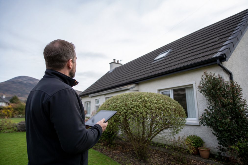 A professional solar installer in branded workwear using a tablet to survey a house roof from the garden, looking up at the north-facing slope on a bright but overcast Scottish day