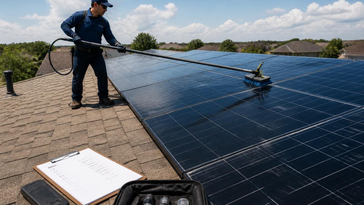 A uniformed technician on a residential roof using a soft brush and purified water pole system to clean a solar panel array on a sunny day, with a clipboard and inspection checklist visible nearby
