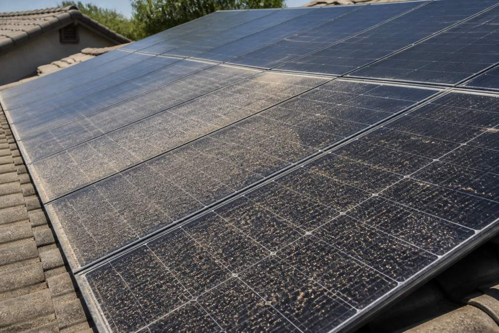 Close-up of residential solar panels on a roof showing visible dust, pollen, and debris accumulation in natural daylight, with some areas more heavily soiled than others