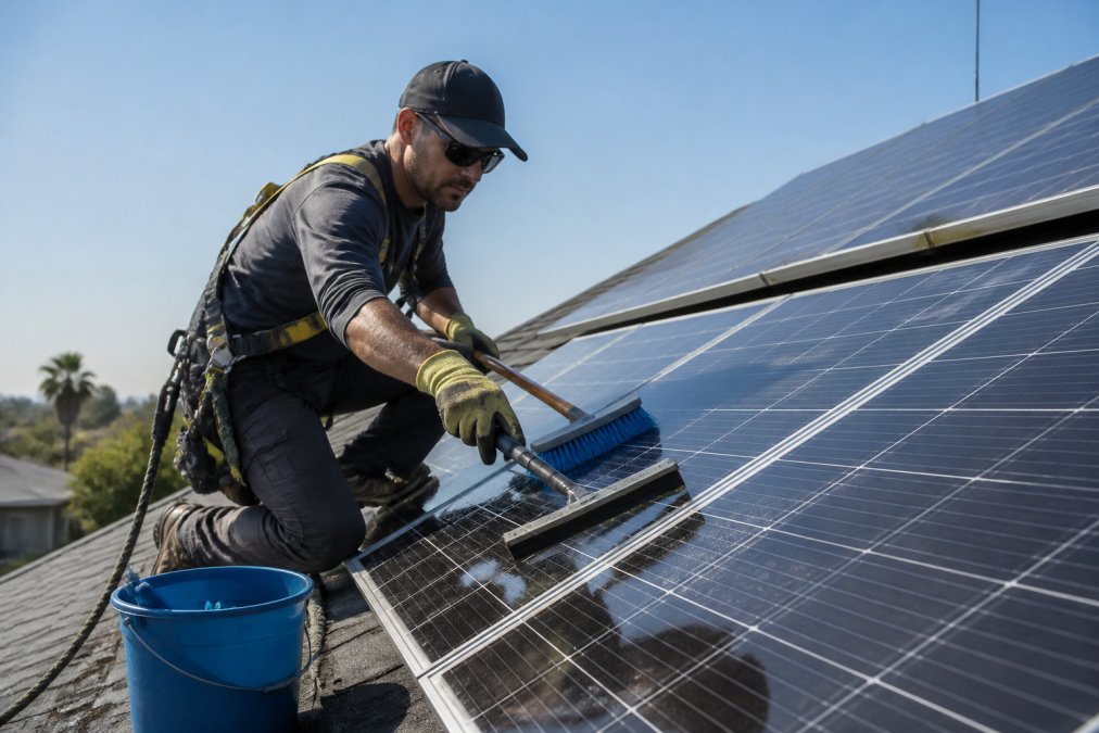 A homeowner wearing a safety harness and gloves, using a soft brush and squeegee on a solar panel attached to a sloped roof, with a bucket of water nearby