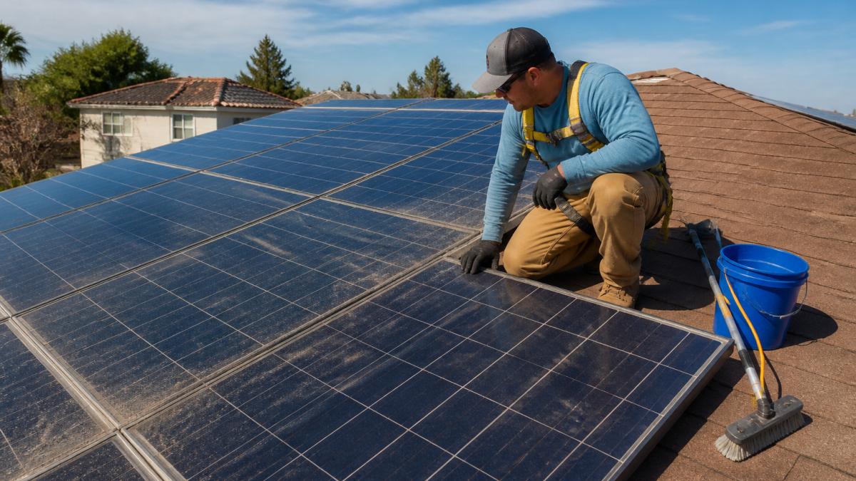 A technician in safety gear inspecting dusty solar panels on a residential roof under a clear sky, with a cleaning pole and bucket visible nearby