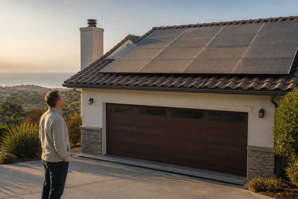Homeowner in a light jacket standing on a driveway at golden hour, looking up at a dusty rooftop solar array on a tile-roof house, coastal hills visible in the distance