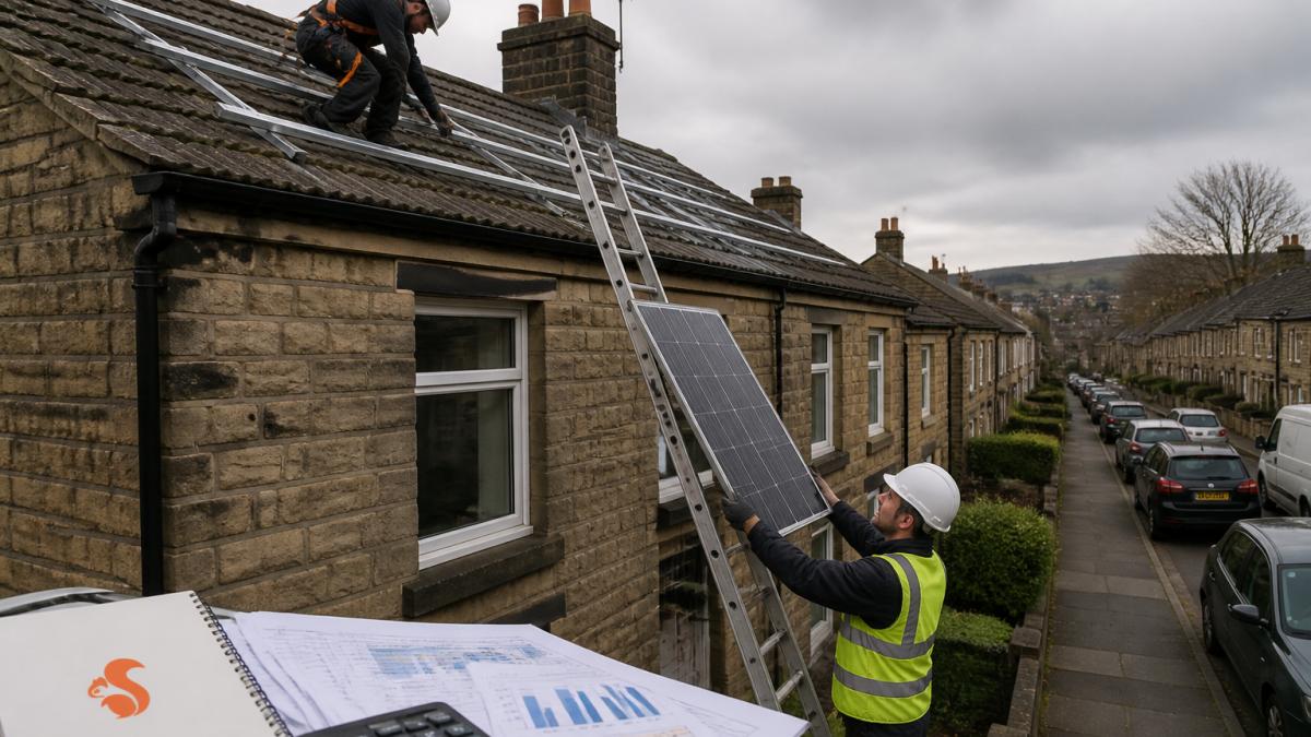 A solar installer in safety harness on a terraced house roof in a Lancashire town, fixing mounting rails while a colleague passes panels up a ladder, overcast sky