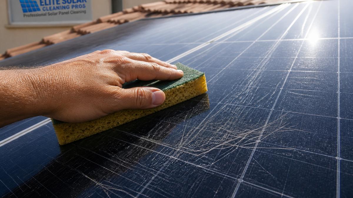 A homeowner cleaning a glass surface with a rough sponge, causing visible solar panel damage and scratches.