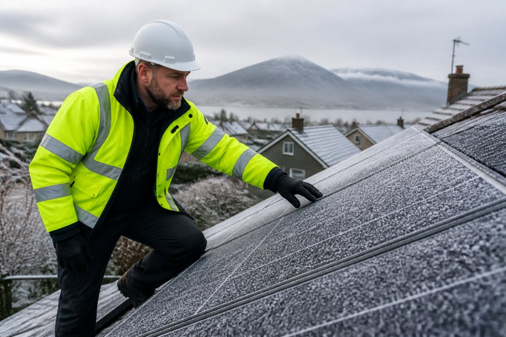 Professional solar panel installer examining frost-covered panels on residential roof during overcast winter morning, with grey Scottish landscape visible in background