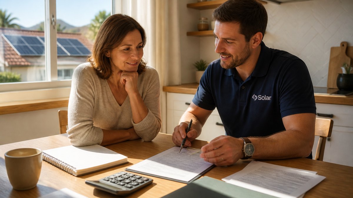 Process flowchart showing a solar panel financing agreement being reviewed by a homeowner and consultant.
