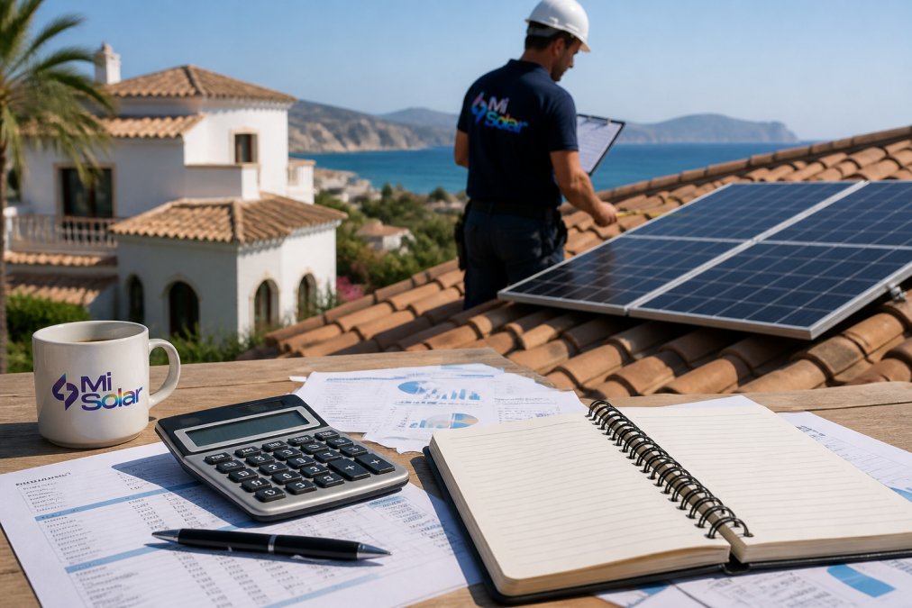 A solar installer on a terracotta tiled roof measuring panel placement with a clipboard, bright Mediterranean sunlight, whitewashed villa in the background