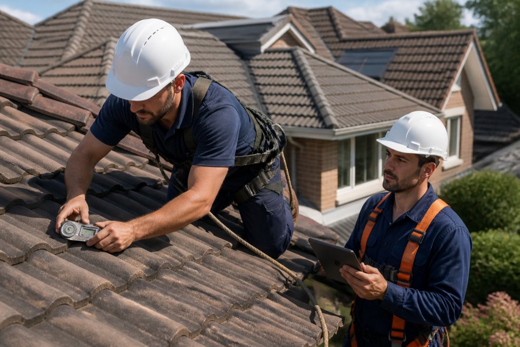 A solar installer in workwear measuring a tiled roof angle with a digital protractor while another technician reviews a tablet on a residential property with a complex roofline