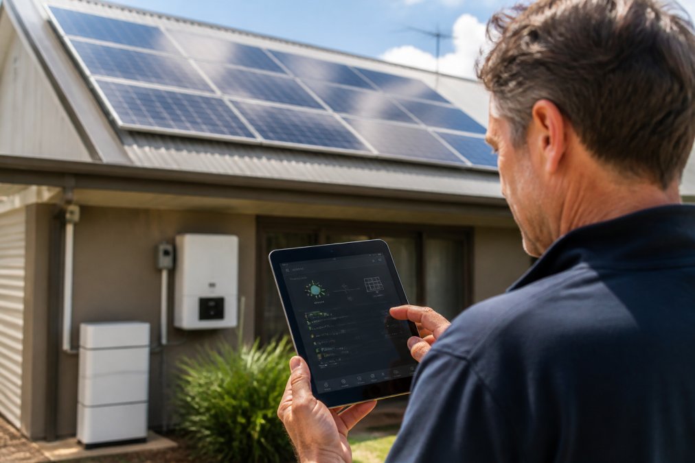 Homeowner checking solar system performance on a smart monitoring app displayed on a tablet, with solar panels visible on the roof in the background during daylight