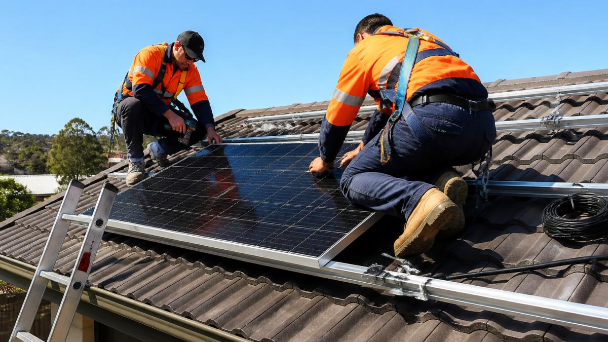 Electricians in safety gear mounting solar panels on an Australian tiled roof with clear blue skies