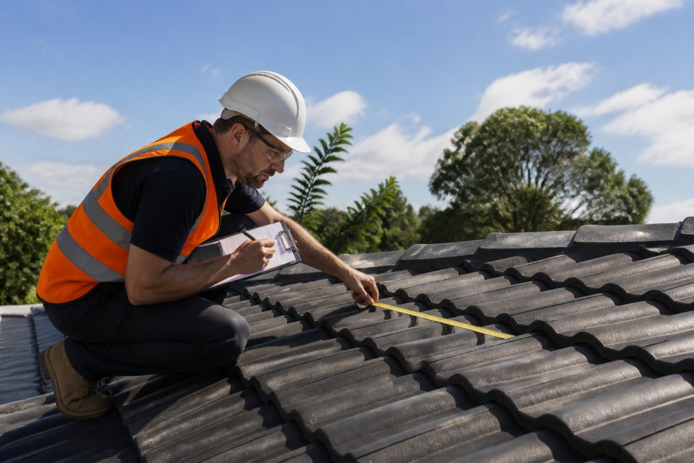 Solar technician conducting site survey on residential roof, measuring angles and checking structural integrity with measuring tools and clipboard, natural daylight