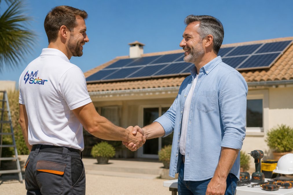 A professional solar installer in work clothes shaking hands with a homeowner in front of a house with solar panels on the roof under a clear blue sky