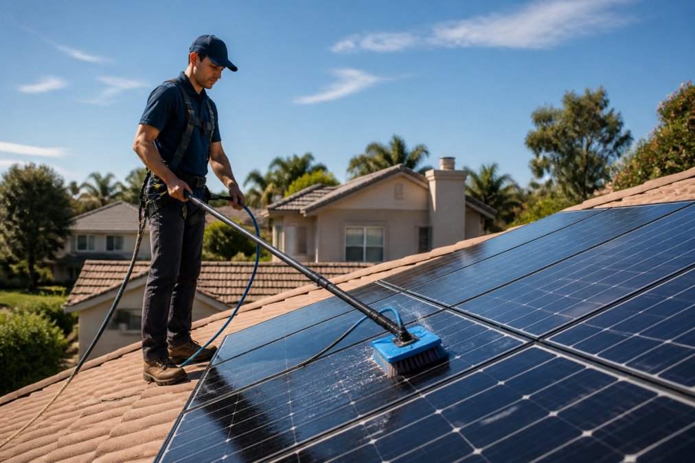 Technician in safety gear cleaning residential solar panels with a soft-bristle brush to support a solar panel maintenance
