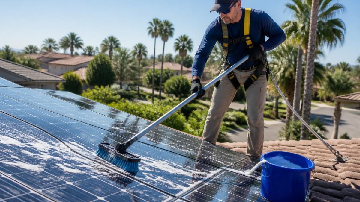 A homeowner on a residential roof using a long-handled soft brush and a bucket of soapy water to gently clean solar panels, wearing a safety harness and gloves in bright afternoon sunlight