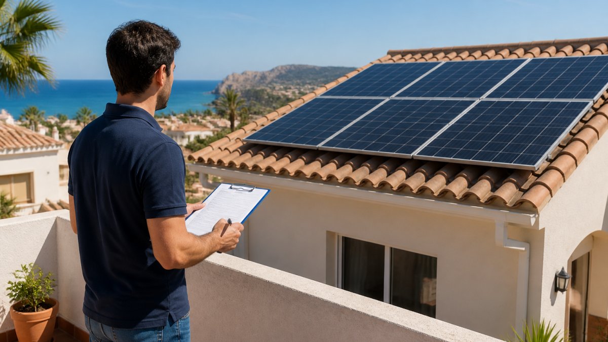 A homeowner in casual clothing standing on a villa terrace, inspecting solar panels on the roof above with a clipboard in hand, Mediterranean coastal setting with clear blue sky