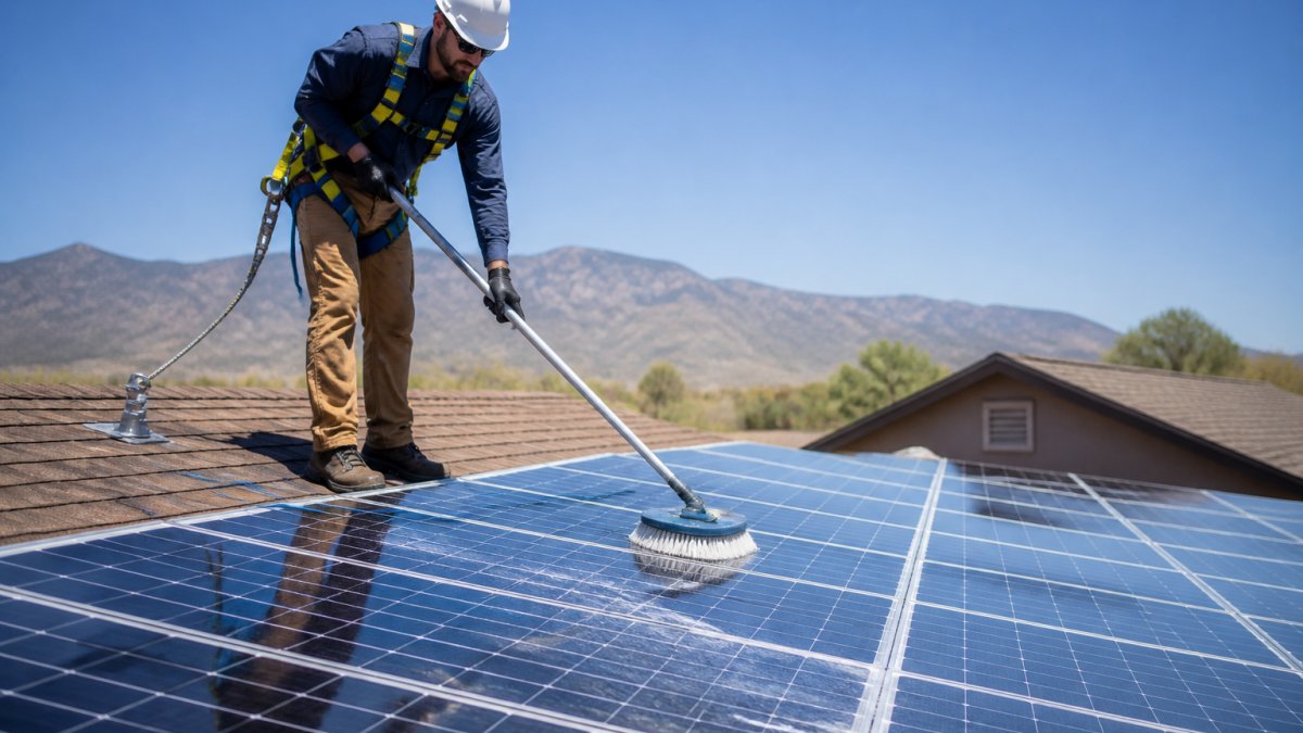 Professional technician in safety harness using soft-bristled brush and distilled water to clean rooftop solar panels, demonstrating safe non-abrasive cleaning technique with natural sunlight