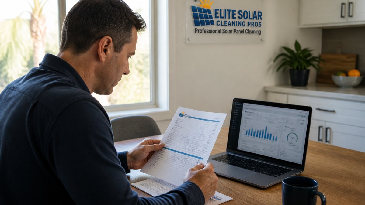 Homeowner reviewing a printed maintenance quote at a kitchen table with a laptop showing energy production graphs and a coffee mug, morning light through window