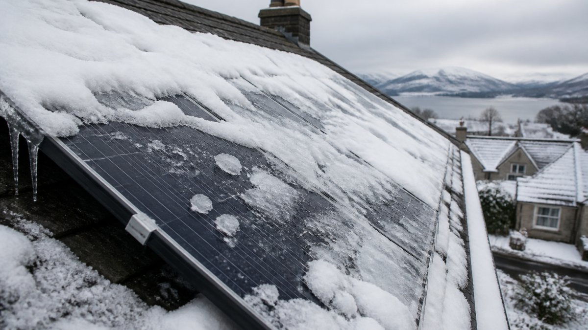 Thick snow and ice covering residential solar panels during winter solar panel maintenance on a Scottish roof.