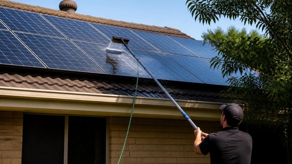 A homeowner on the ground using a long-handled soft brush and garden hose to rinse a rooftop solar array, with leafy tree branches visible at the edge of the frame