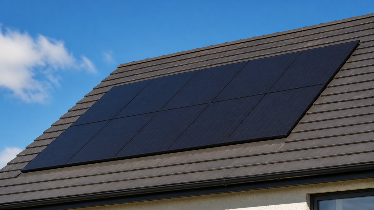 Close-up of solar panels mounted flush against a residential pitched roof with clear blue sky visible, showing proper integration with roof tiles and minimal projection