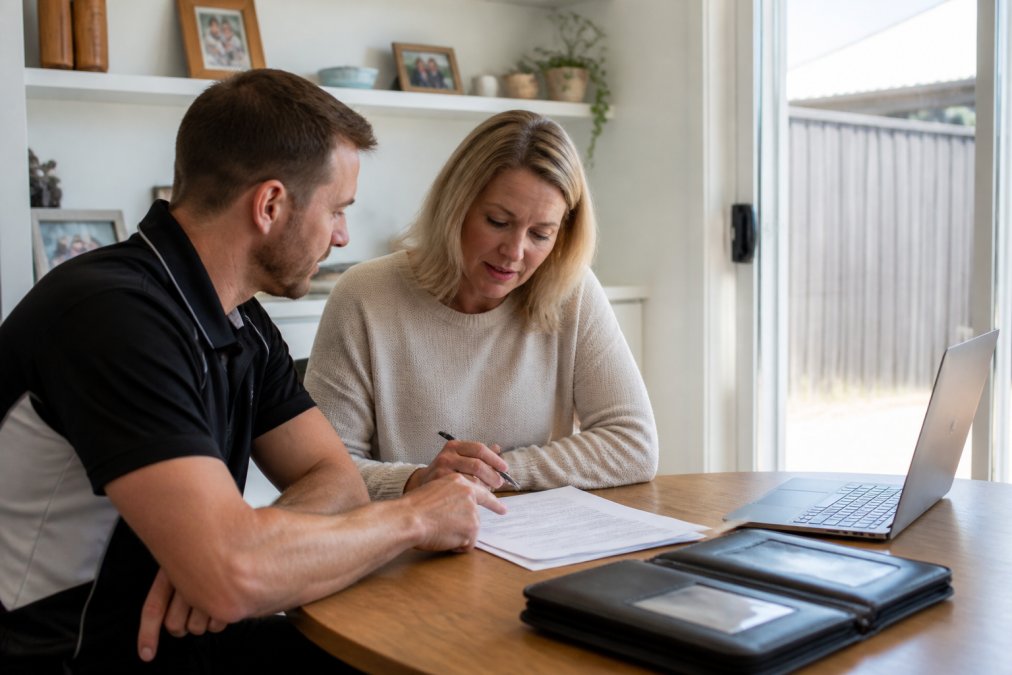A homeowner reviewing a solar loan document with an installer in a bright home office, laptop open to a financial breakdown on the desk