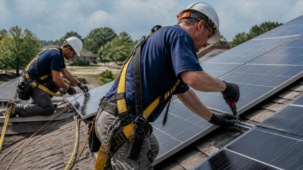 Technicians securing solar panels to roof mounts during the solar panel reinstallation cost process