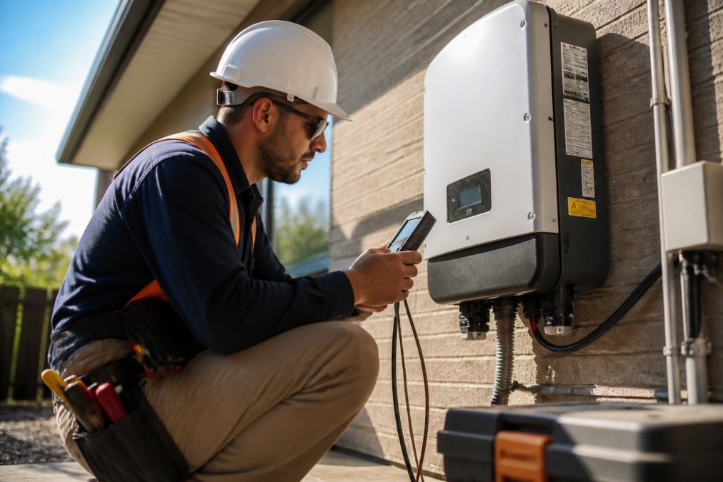 A licensed electrician in work gear crouching beside a residential solar inverter mounted on an exterior wall, inspecting the display panel with a handheld diagnostic device in bright afternoon light