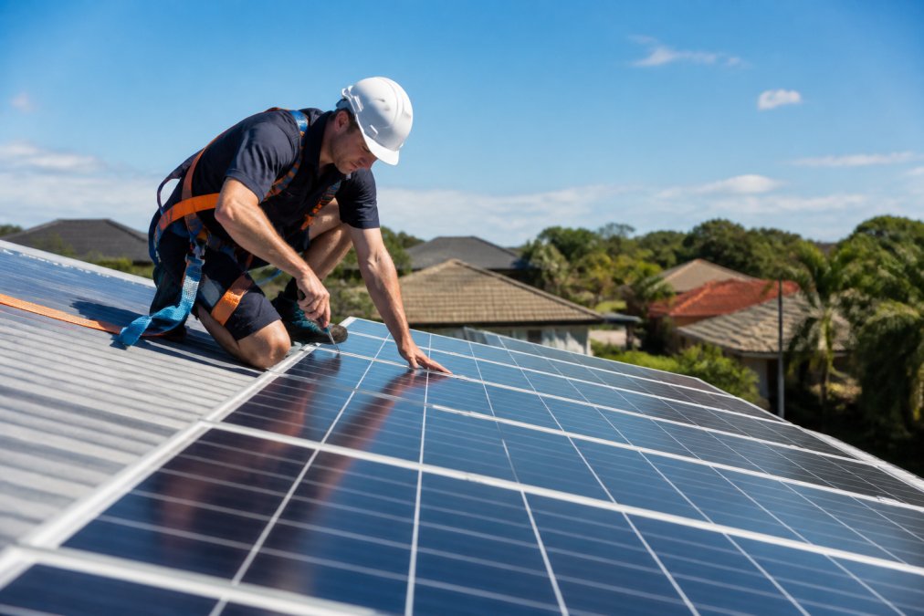 A qualified solar technician on a residential rooftop carefully inspecting photovoltaic panels on a sunny day, with a safety harness clearly visible and suburban houses visible in the background