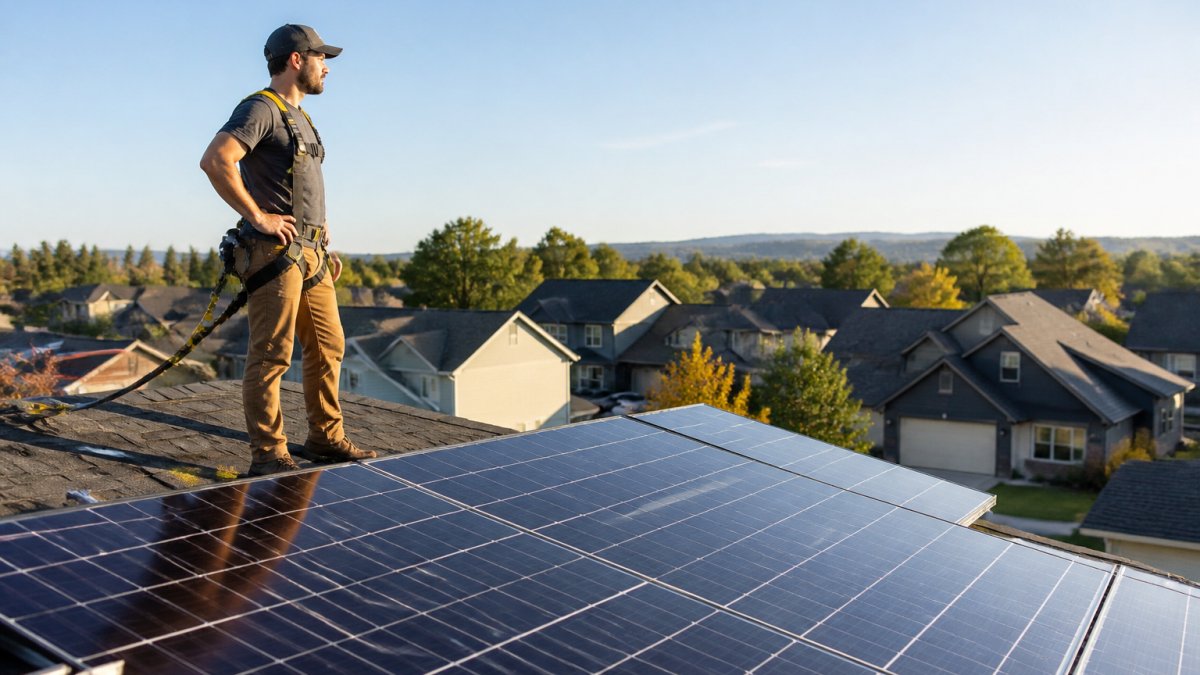 Homeowner standing on a roof with solar panels to determine solar panel ROI calculation in a modern neighborhood.