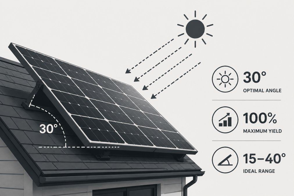 Close-up of solar panels mounted at a clear tilt angle on a residential roof on a sunny day, showing the panels angled toward the sky with blue sky in the background