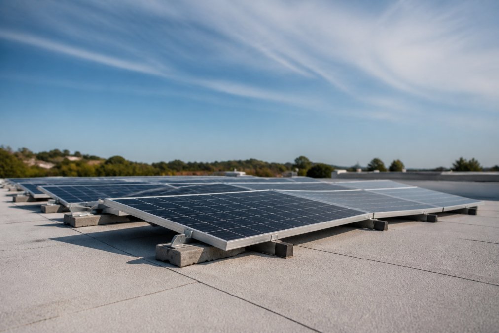 Solar panels installed on a flat commercial or residential roof using ballasted racking frames that tilt the panels at a low angle above the flat surface, viewed from ground level