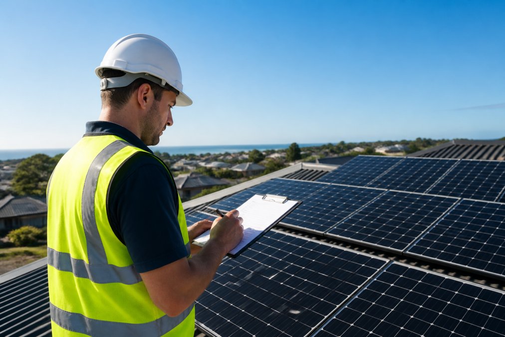 A CEC-accredited installer in a high-vis vest and hard hat inspecting a rooftop solar array with a clipboard, with panels visible in the background under bright Australian sunlight