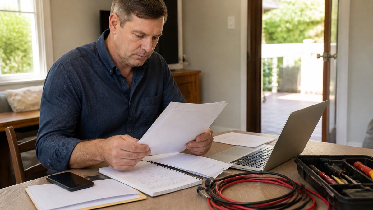 Homeowner reviewing solar system documentation and warranty papers at a desk with a laptop and phone