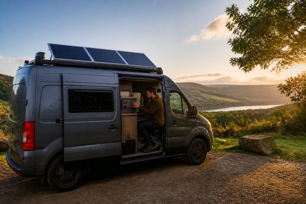 Campervan parked in the countryside with a solar panel with battery system monitored by a person inside.