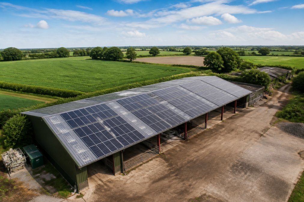 Overhead view of a modern agricultural barn with rows of solar PV panels installed on the roof, surrounded by productive farmland and clear blue sky
