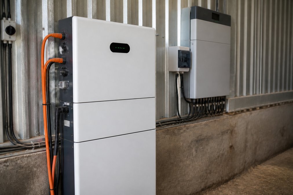 Close-up of a battery storage unit installed in a farm building interior, with electrical connections visible and a digital monitoring display showing real-time energy data