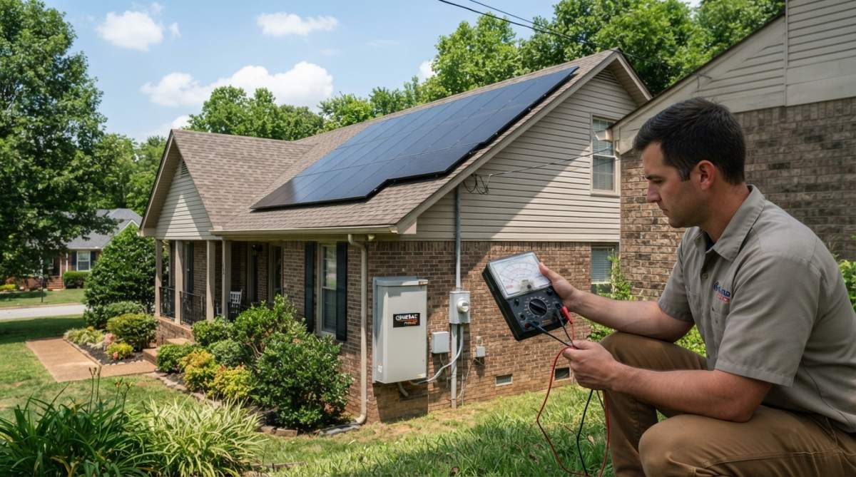 Residential home featuring rooftop solar panels and an exterior battery backup unit for energy independence.