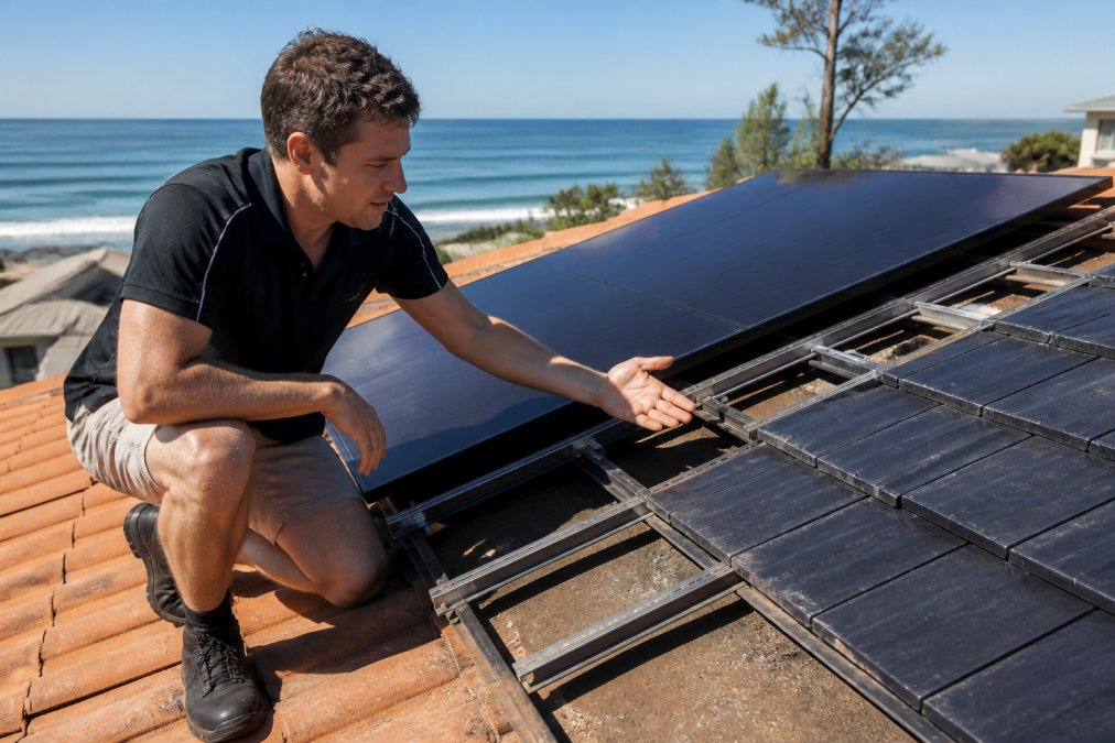 Professional solar installer comparing solar panel mounting hardware against integrated solar tile installation on residential roof sections, coastal setting with morning light