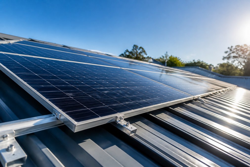 Close-up of solar panels mounted on residential rooftop with clear blue sky, showing panel surface detail, mounting hardware, and sunlight reflection