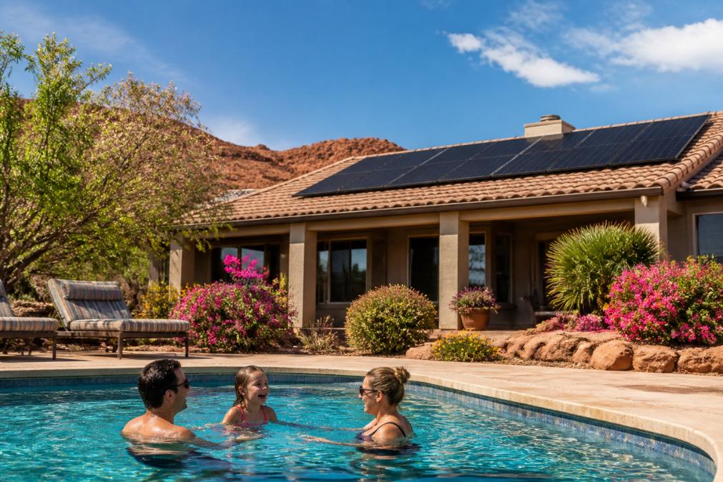 A family enjoying a backyard swimming pool on a bright spring afternoon, with solar panels clearly visible on the sloped roof of the home in the background, surrounded by blooming desert landscaping