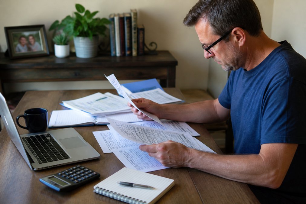 Homeowner at a desk reviewing tax documents and forms with a laptop, calculator, and notebook nearby