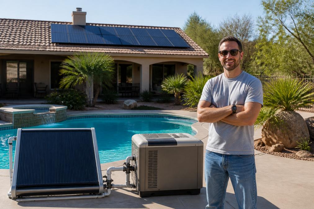Homeowner standing beside a residential swimming pool on a sunny day with solar heating panels visible on the roof in the background
