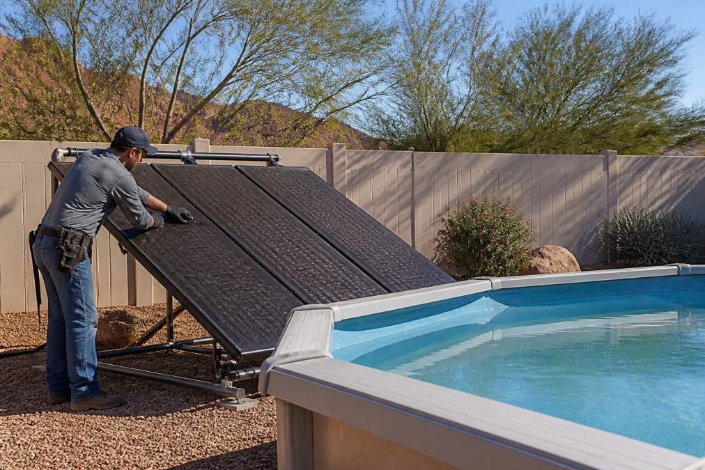 Technician installing low-profile solar pool heating panels on a ground rack beside a small backyard pool