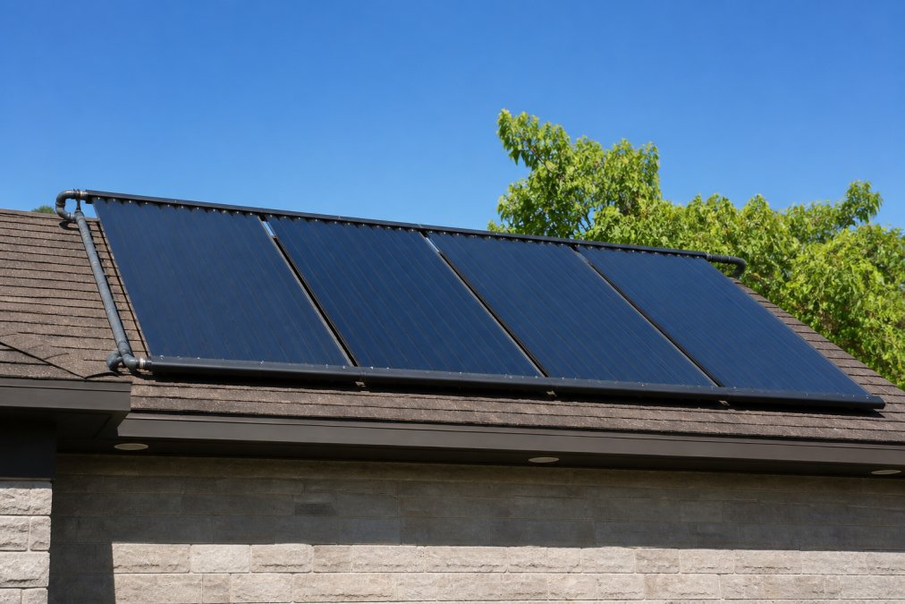 Solar thermal collector panels mounted on residential pool house roof with clear blue sky and direct sunlight illuminating the panel surface, showing the heat absorption capability