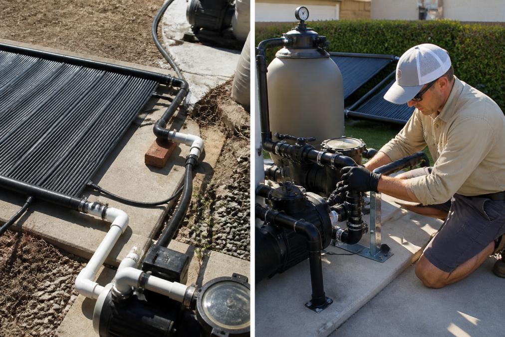 Professional installer in work gear connecting plumbing lines and mounting hardware to integrate solar heating system with existing pool equipment, demonstrating proper integration technique