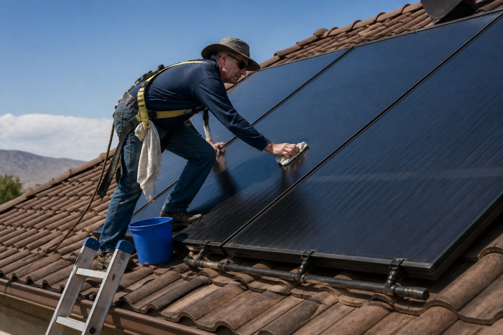 Homeowner carefully cleaning a solar pool heating panel mounted on residential roof using soft cloth and bucket of water, with safety harness and sturdy ladder visible below