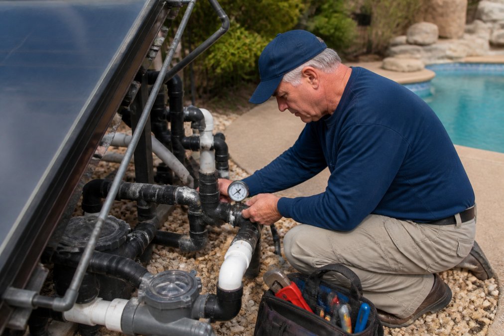 Technician inspecting plumbing fittings and valve connections on a solar pool heating system during seasonal maintenance, with tools and pressure gauge visible