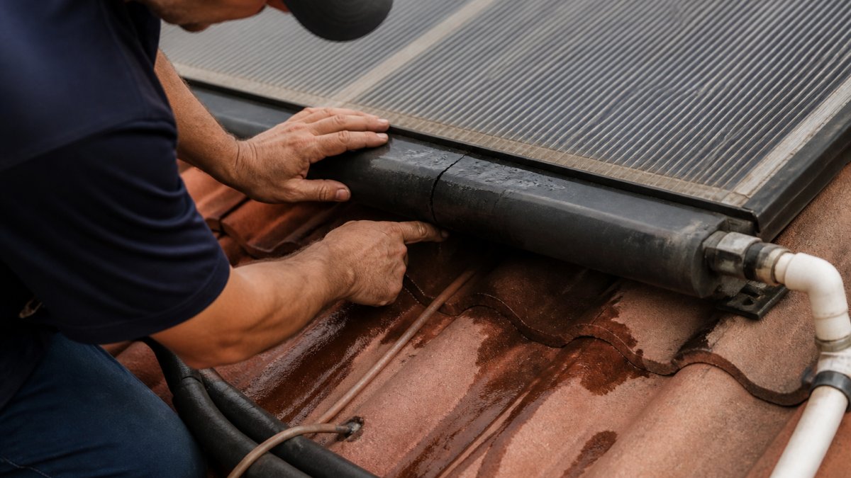 Close-up of a contractor's hands inspecting a leaking solar pool heating collector panel on a Florida roof, with a wet stain and cracked header visible