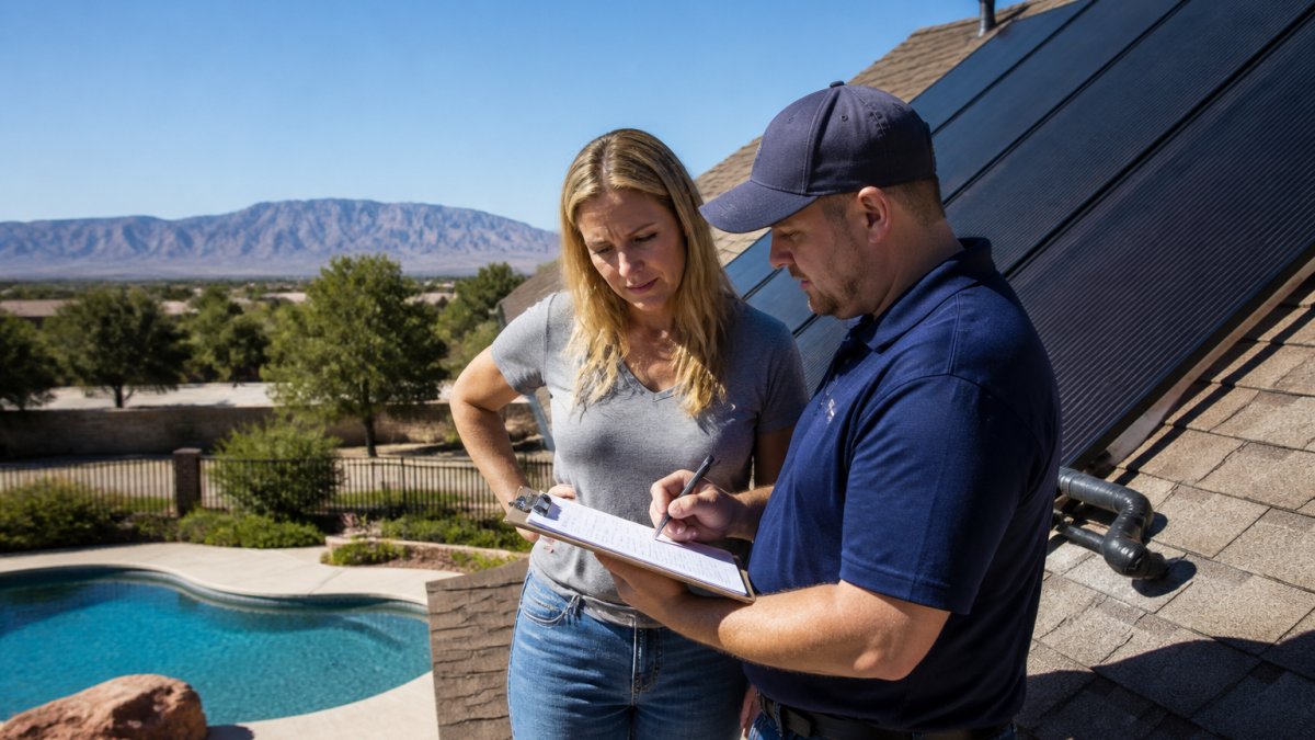 A homeowner and a solar installer reviewing a clipboard checklist beside rooftop solar water heating panels under bright afternoon sun, pool visible in the background